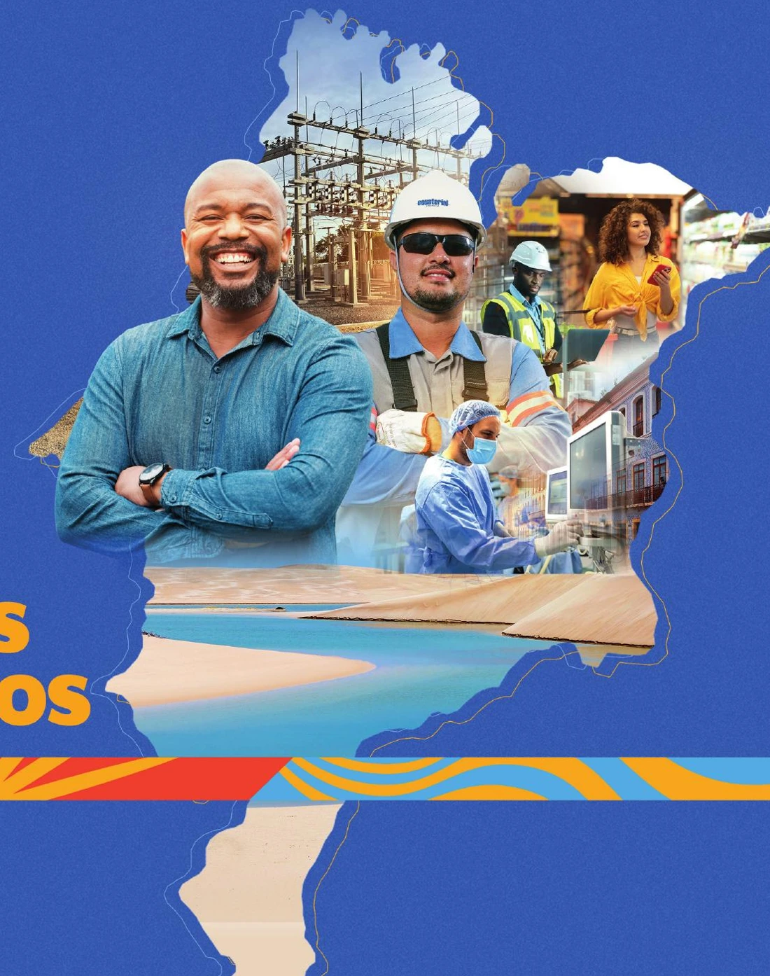 Personagens maranhenses, profissionais, subestação e paisagens reunidos na silhueta do Maranhão, composição original da capa